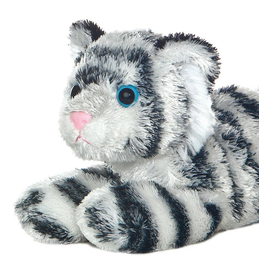 Close-up front view thumbnail of the Shazam white tiger plush highlighting its bright blue safety eyes, pink nose, and soft paws.