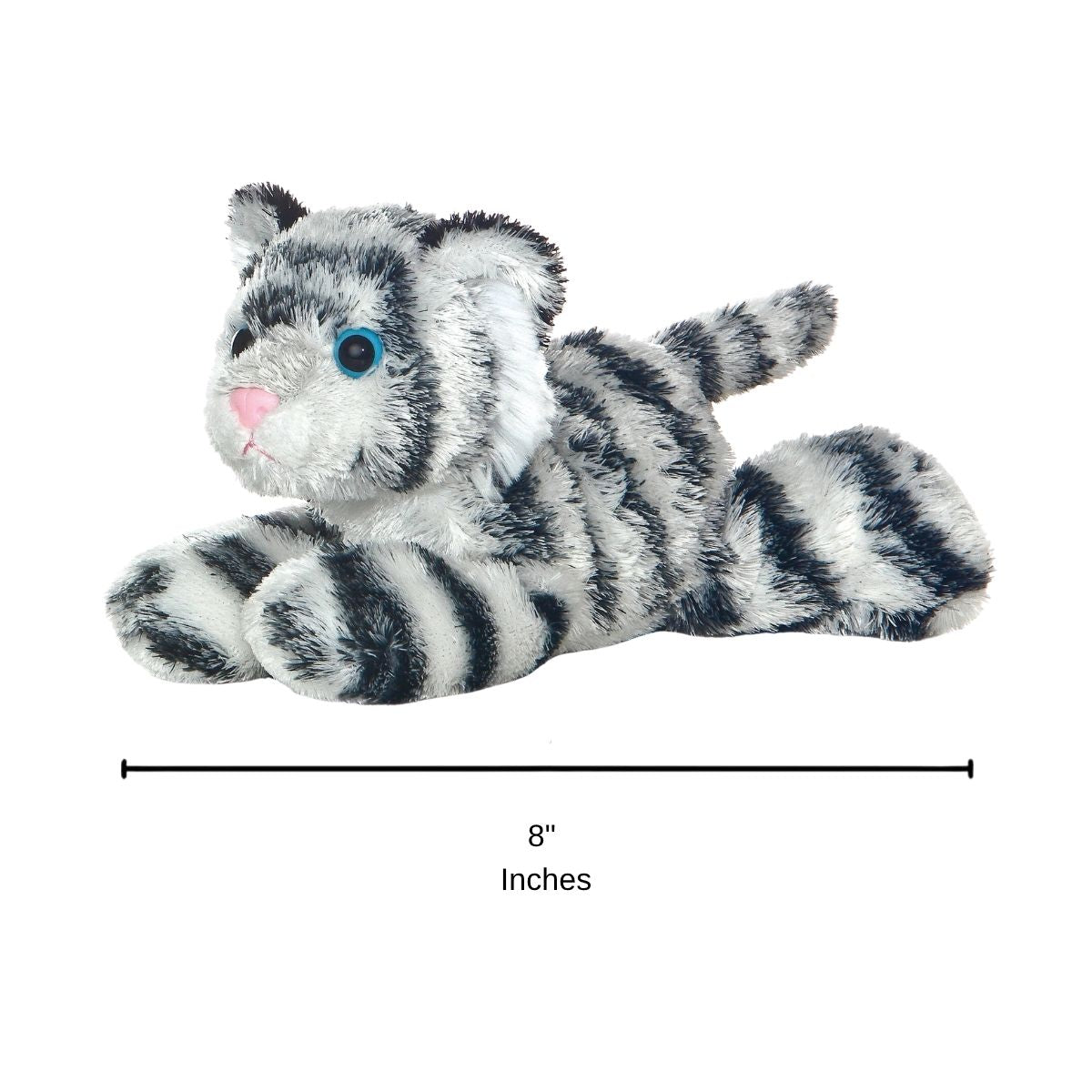Side profile view thumbnail of the Shazam white tiger plush shown lying down next to an 8-inch length measurement graphic indicator.