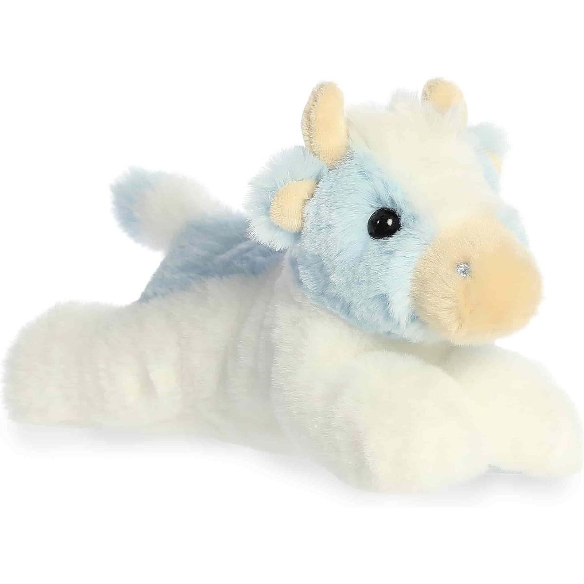 Aurora 8-inch Mini Flopsie Billie Blueberry Cow plush toy resting on its belly, featuring soft white fur, light blue patches, tan muzzle, and beige horns.
