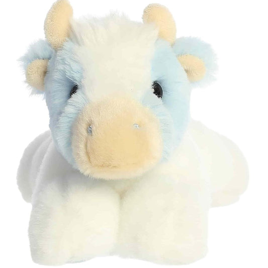 Front view thumbnail of the Billie Blueberry Cow plush lying straight, highlighting its tan muzzle, light blue head, beige horns, and glossy black eyes.