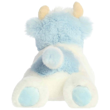 Rear view thumbnail of the Billie Blueberry Cow stuffed animal showing its fluffy blue tail, white back, and light blue rear hoof soles.
