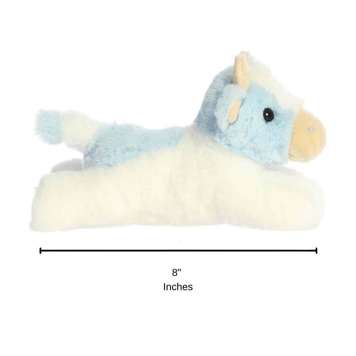 Side profile view thumbnail of the Billie Blueberry Cow plush shown lying down next to an 8-inch length measurement graphic indicator.