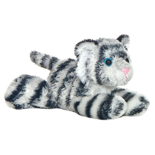 Aurora 8-inch Mini Flopsie Shazam white tiger plush toy resting on its belly, showcasing white fur with black stripes and blue eyes.
