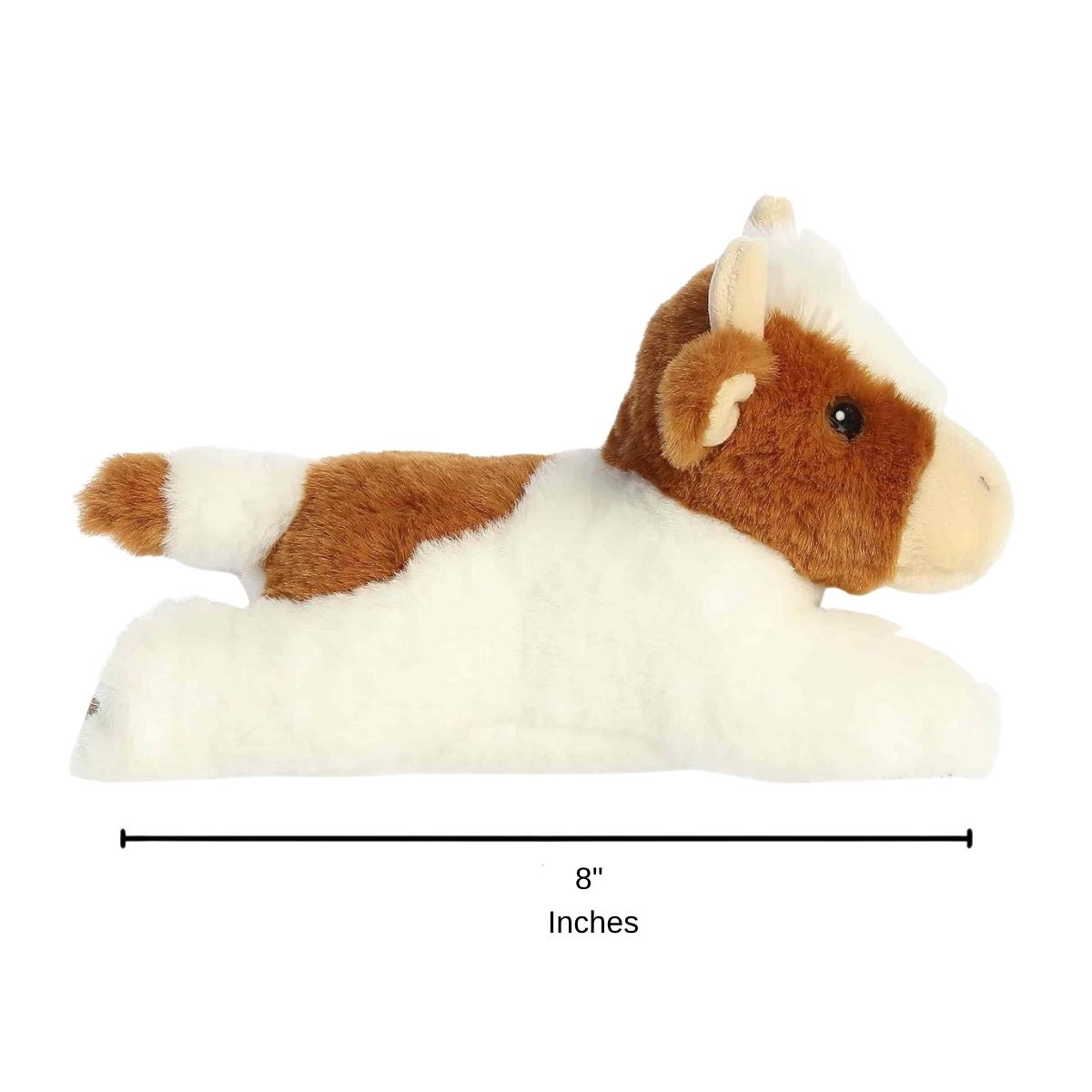 Sizing graphic for the Aurora Flopsie Grazy Guernsey Cow plush showing its full lounging side profile, indicating a total length of 8 inches.