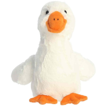 Front face view of the adorable Aurora Waddles Goose stuffed animal, featuring sweet dark eyes, a bright orange beak, and plush wings.