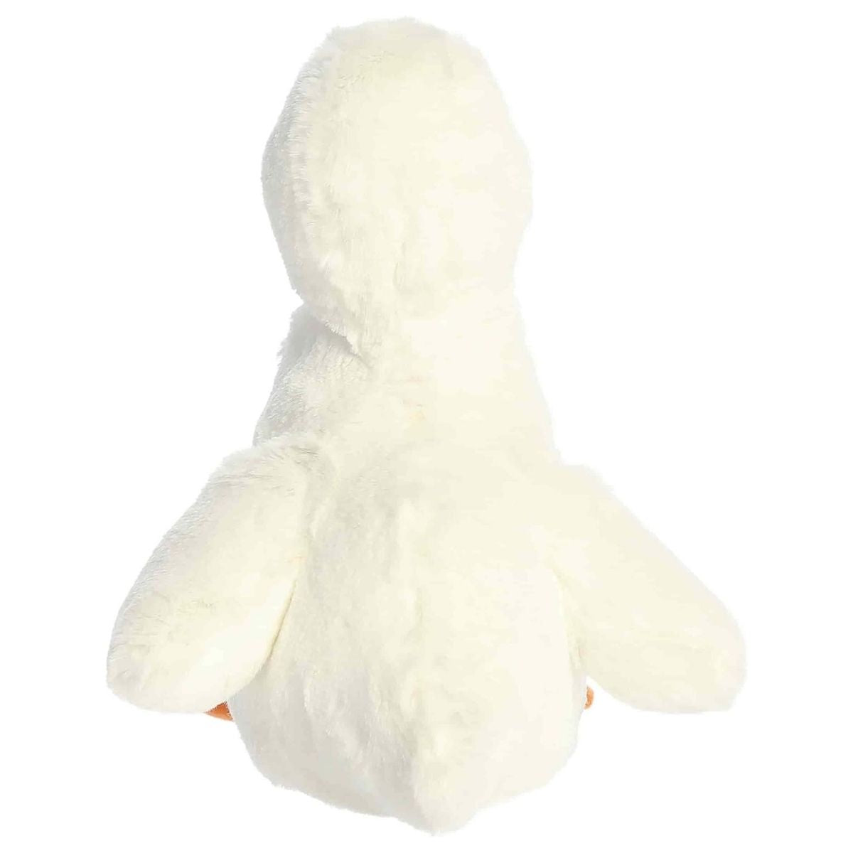 Back view of the Aurora Flopsie goose plush toy showing its solid white back, folded plush wings, and a little tail.