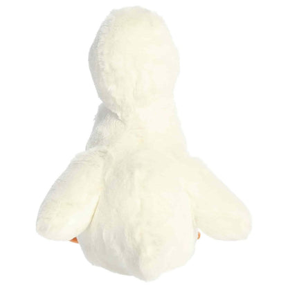 Back view of the Aurora Flopsie goose plush toy showing its solid white back, folded plush wings, and a little tail.