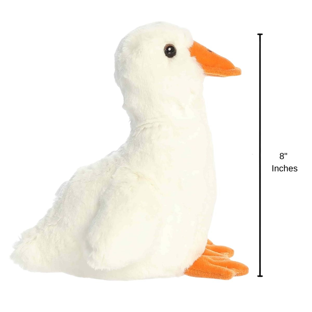 Sizing graphic for the Aurora Flopsie Waddles Goose plush showing its side profile, indicating a total size of 8 inches.