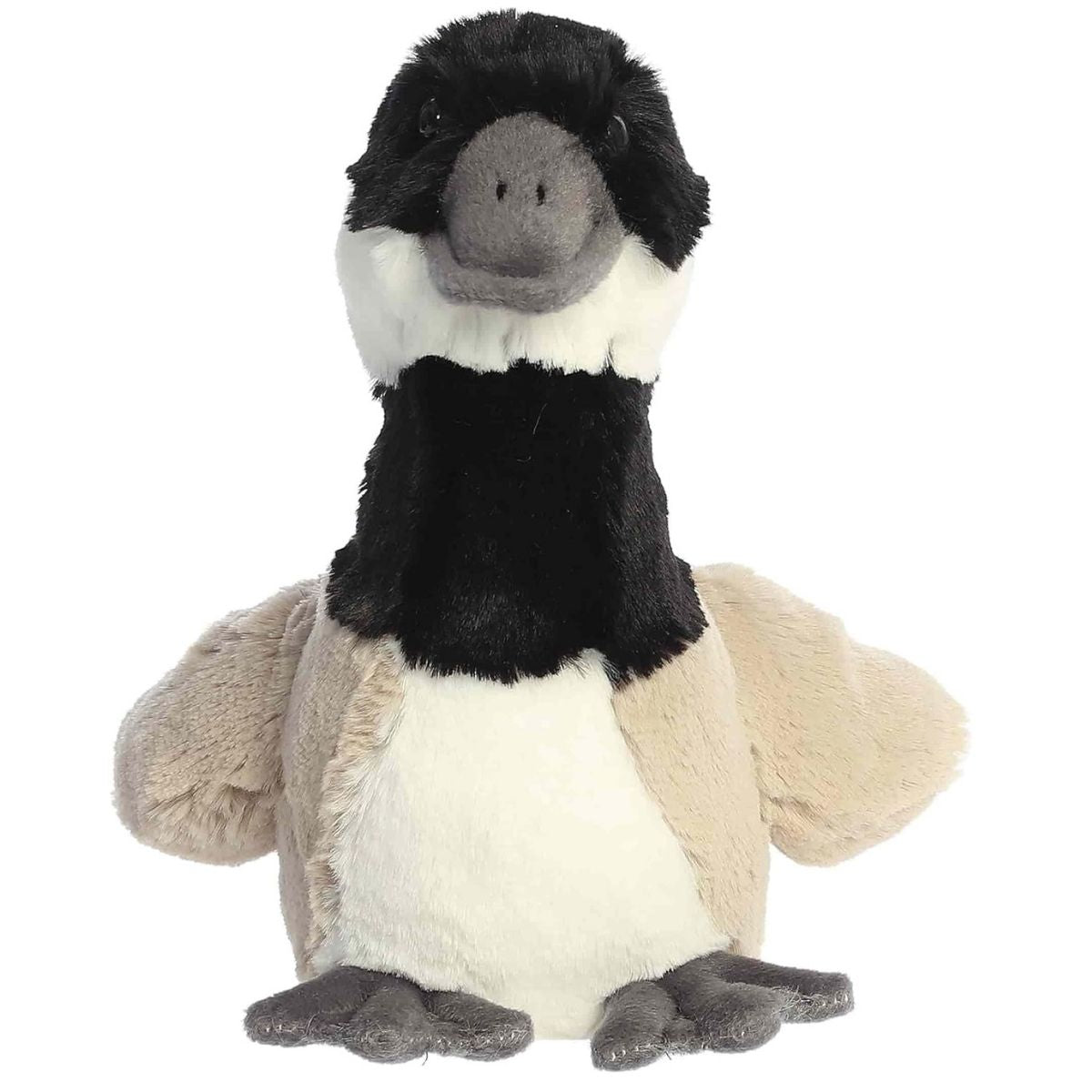 Front face view of the adorable Aurora Honks Canadian Goose stuffed animal, featuring sweet dark eyes, a grey beak, and dark grey webbed feet.