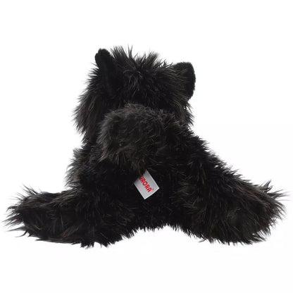 Back view of the cuddly Flopsie terrier stuffed animal showing its textured black back and hind paws.