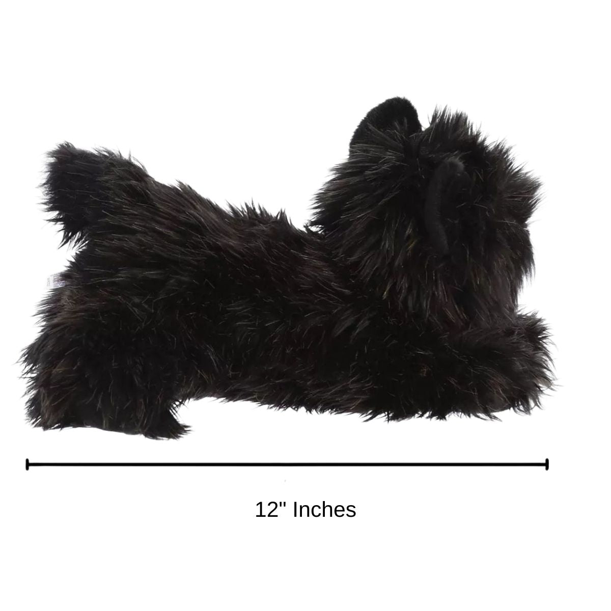 Dimension graphic showing the Aurora Flopsie Toto the Cairn Terrier lying down with a measurement line indicating it is 12 inches long.