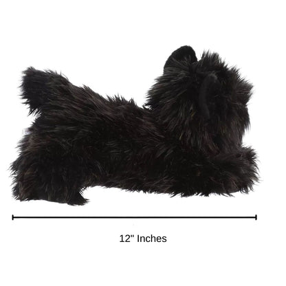 Dimension graphic showing the Aurora Flopsie Toto the Cairn Terrier lying down with a measurement line indicating it is 12 inches long.