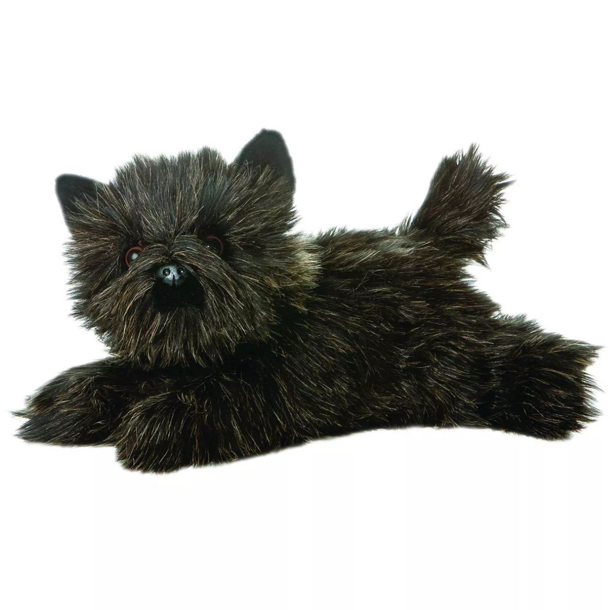 Angled side profile view of the 12-inch Aurora Flopsie Toto the Cairn Terrier black plush resting on its belly.