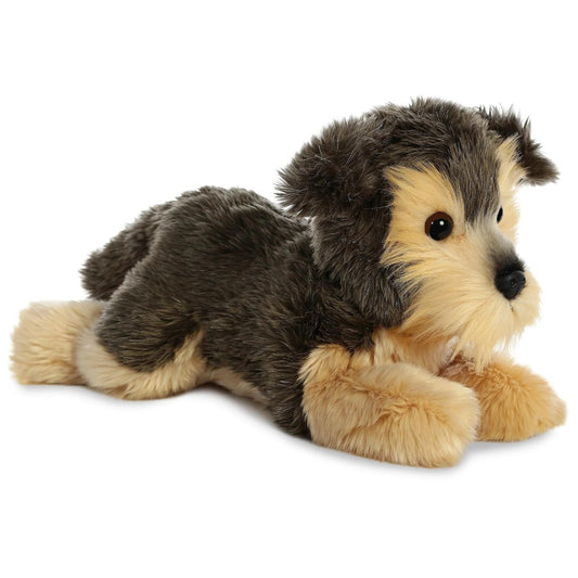 Angled front view of the Aurora Flopsie Yorky the Yorkshire Terrier 12-inch plush resting on its belly, featuring black and tan fur.