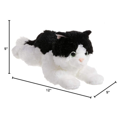 Angled side profile of the Oreo Cat plush resting on her tummy with measurement graphics indicating she is 12 inches long.
