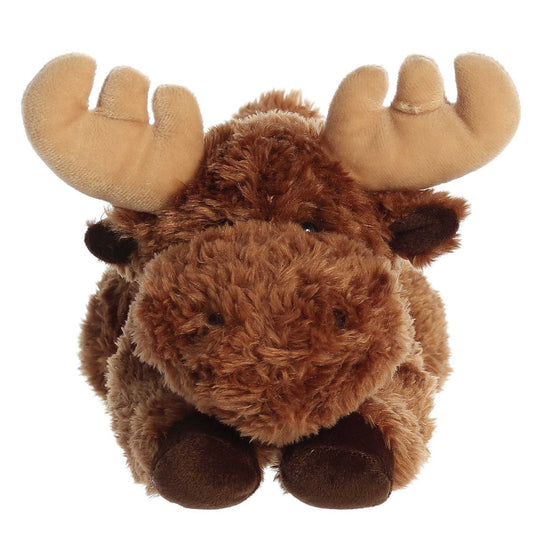 Straight front view of the moose stuffed animal highlighting its sweet face, large tan antlers, and dark brown hooves.