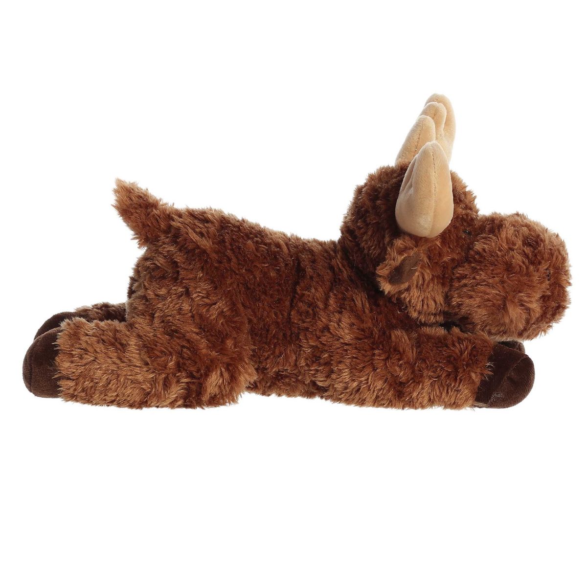 Side profile view of the dark brown moose plush showing its lounging posture and small tail.