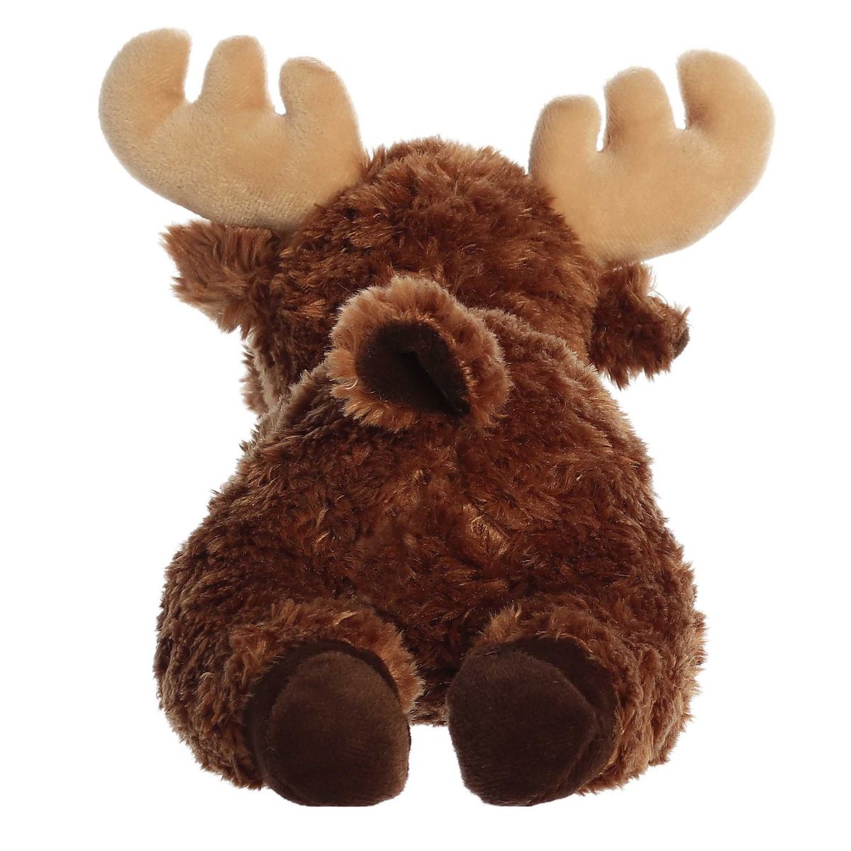Rear view of the moose plush showing its shaggy brown back, small tail, and the dark brown hooves on its back feet.