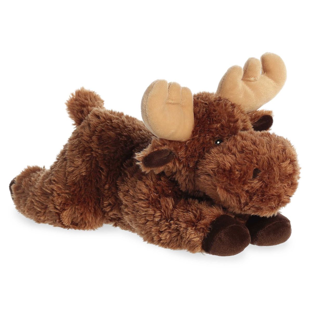 Angled front view of the Aurora Flopsie Moose 12-inch plush resting on its belly, featuring shaggy dark brown fur and light tan antlers.