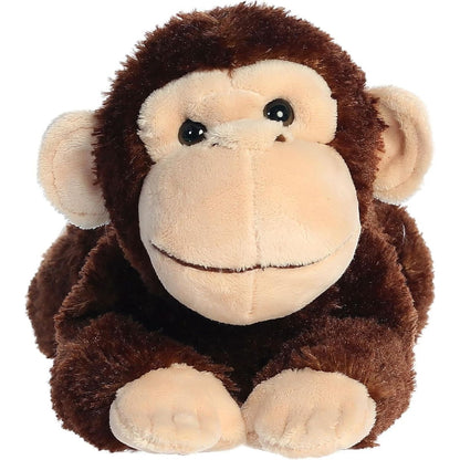 Straight front view of the chimpanzee stuffed animal highlighting its sweet smiling face, light tan ears, and soft front paws.