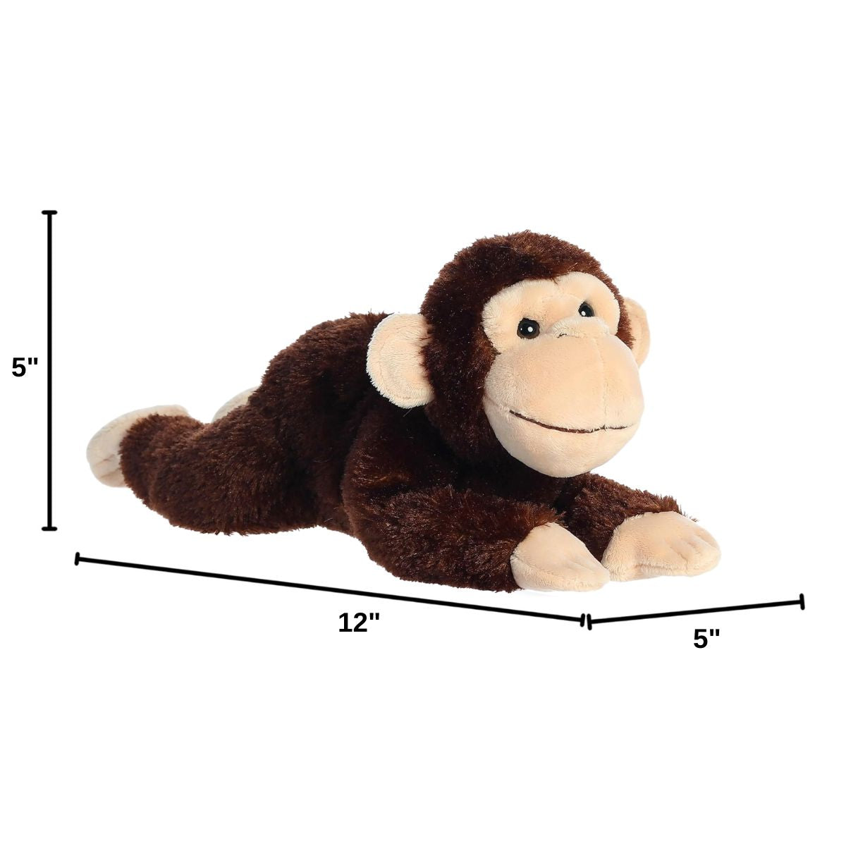 Side profile of the Aurora Flopsie chimp plush with dimension lines indicating its 12-inch length.