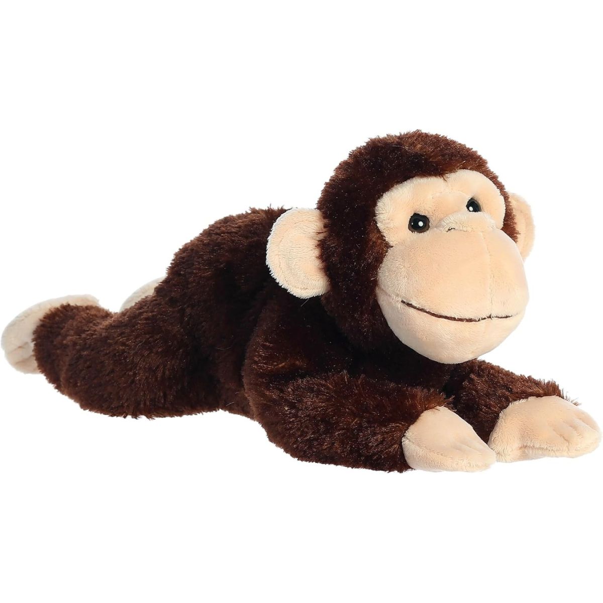 Angled front view of the Aurora Flopsie Chimp 12-inch plush resting on its belly, featuring dark brown fur and a light tan face.