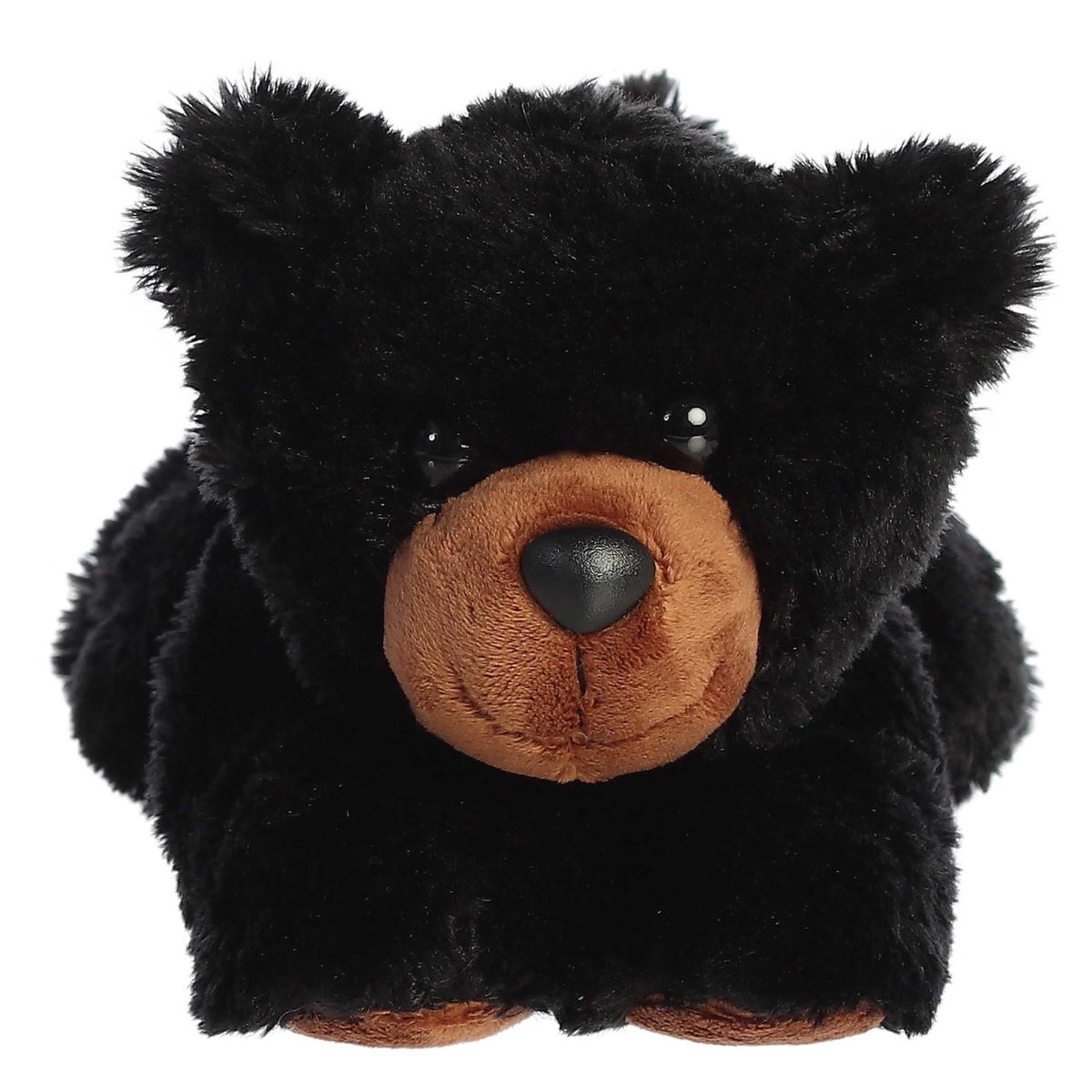 Straight front view of the black bear stuffed animal highlighting its sweet face, brown muzzle, and floppy front paws.
