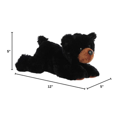 Angled side profile of the Aurora Flopsie black bear plush with dimension lines indicating its 12-inch length.