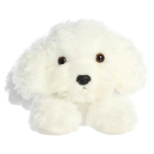 Straight-on front view of the soft white poodle plush showing her face, floppy ears, and black nose.