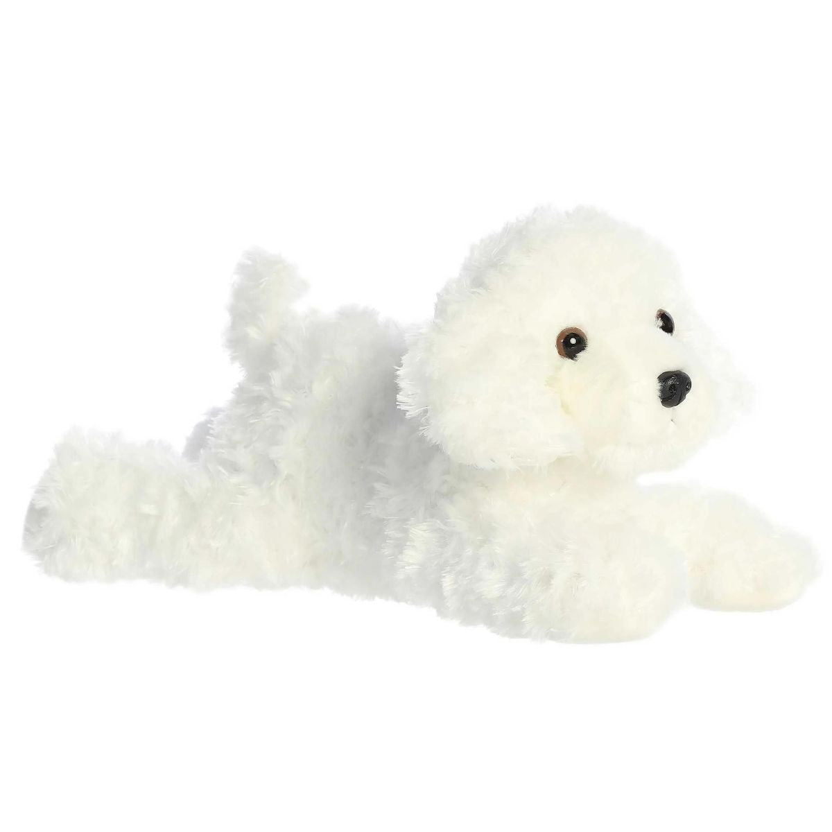 Angled front view of the 12-inch Aurora Flopsie Bonita Poodle stuffed animal lying down, showing her fluffy white fur.