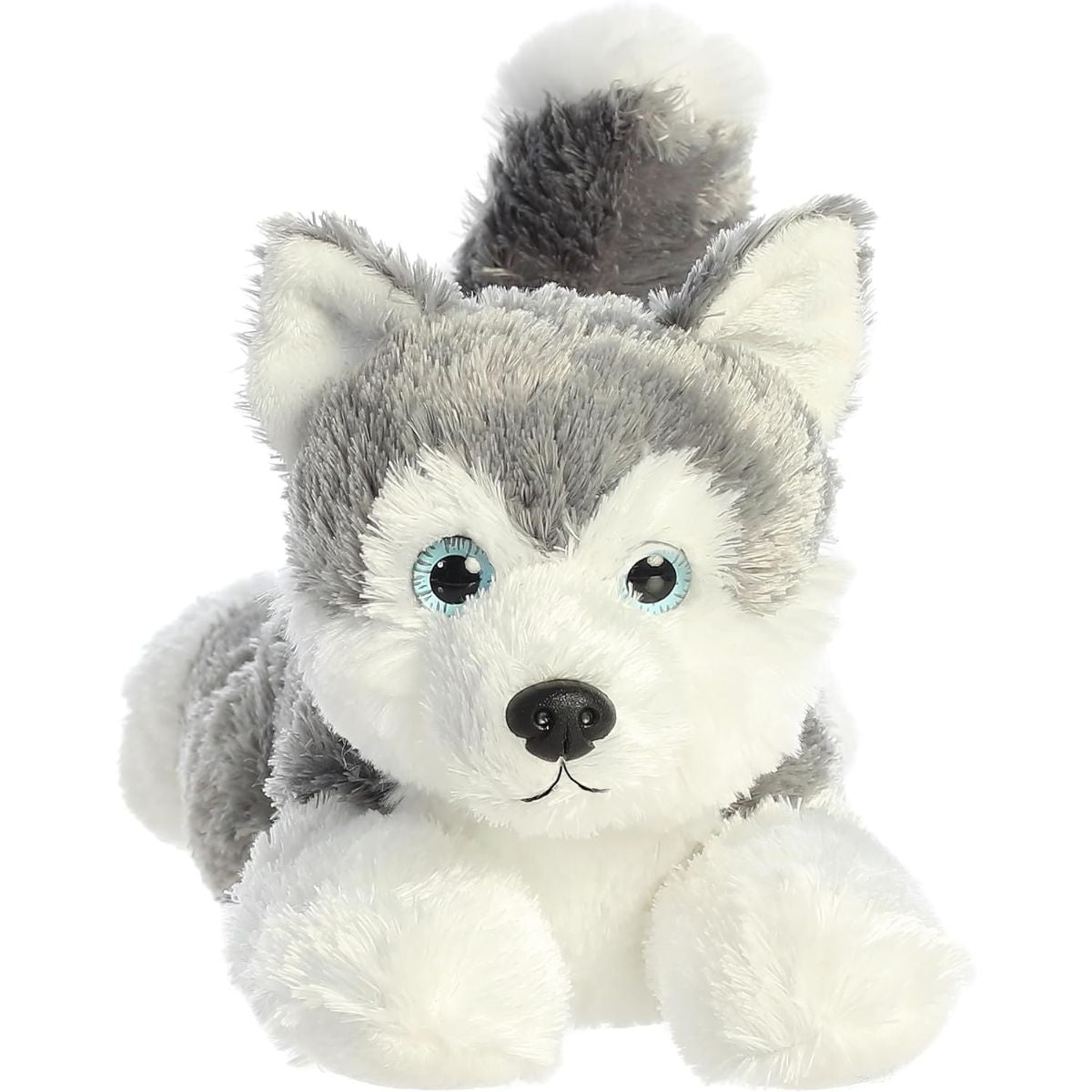 Straight-on front view of the soft Siberian Husky plush showing his face, pointed ears, and bright blue eyes.