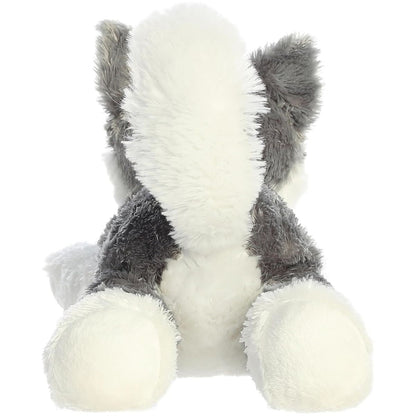 Direct back view of the dog plush highlighting his fluffy white and grey tail and the bottoms of his hind paws.