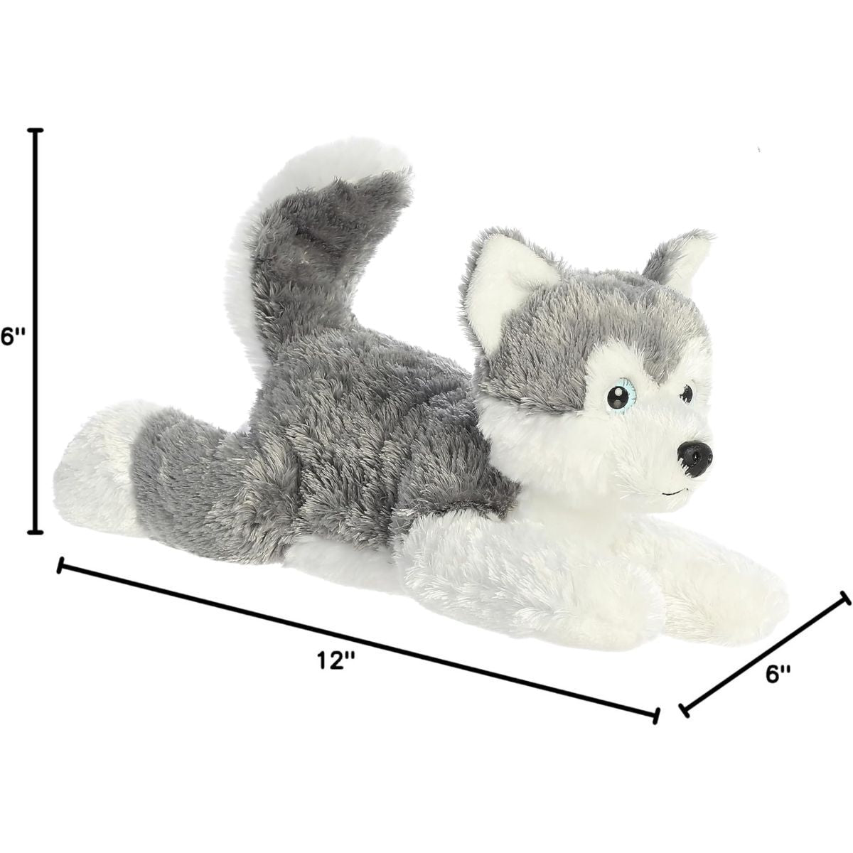 Angled side profile of the Shadow Siberian Husky plush resting on his tummy with measurement graphics indicating he is 12 inches long.
