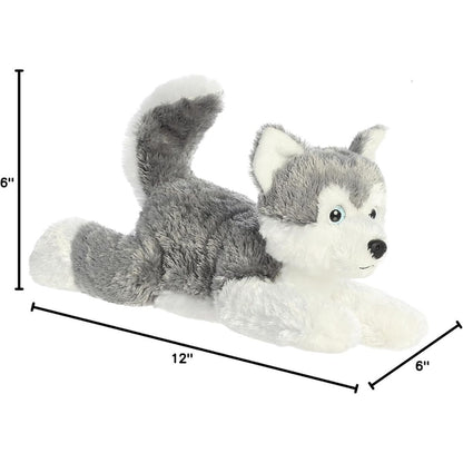 Angled side profile of the Shadow Siberian Husky plush resting on his tummy with measurement graphics indicating he is 12 inches long.