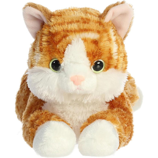 Straight front view of the orange tabby cat stuffed animal highlighting its sweet face, pink nose, white chest, and bright eyes.