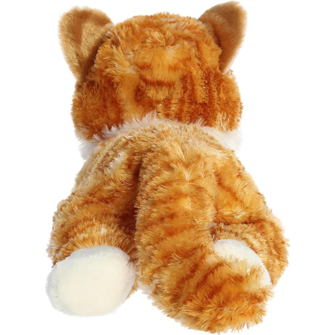 Rear view of the Chester Tabby Cat plush showing its orange striped back, long fluffy striped tail, and white back paws.