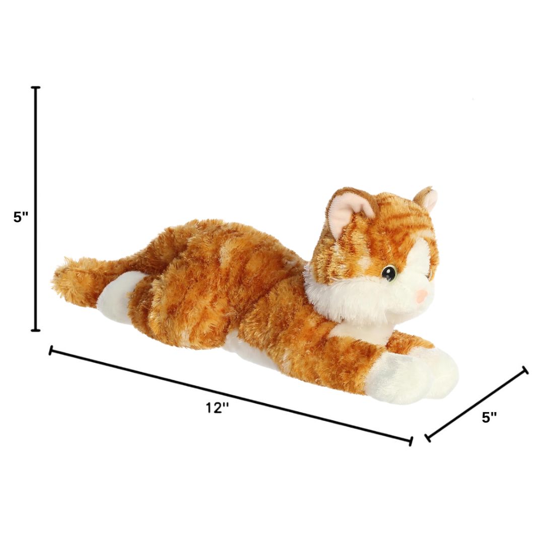 Angled side profile of the Aurora Flopsie orange tabby cat plush with dimension lines indicating its 12-inch length.