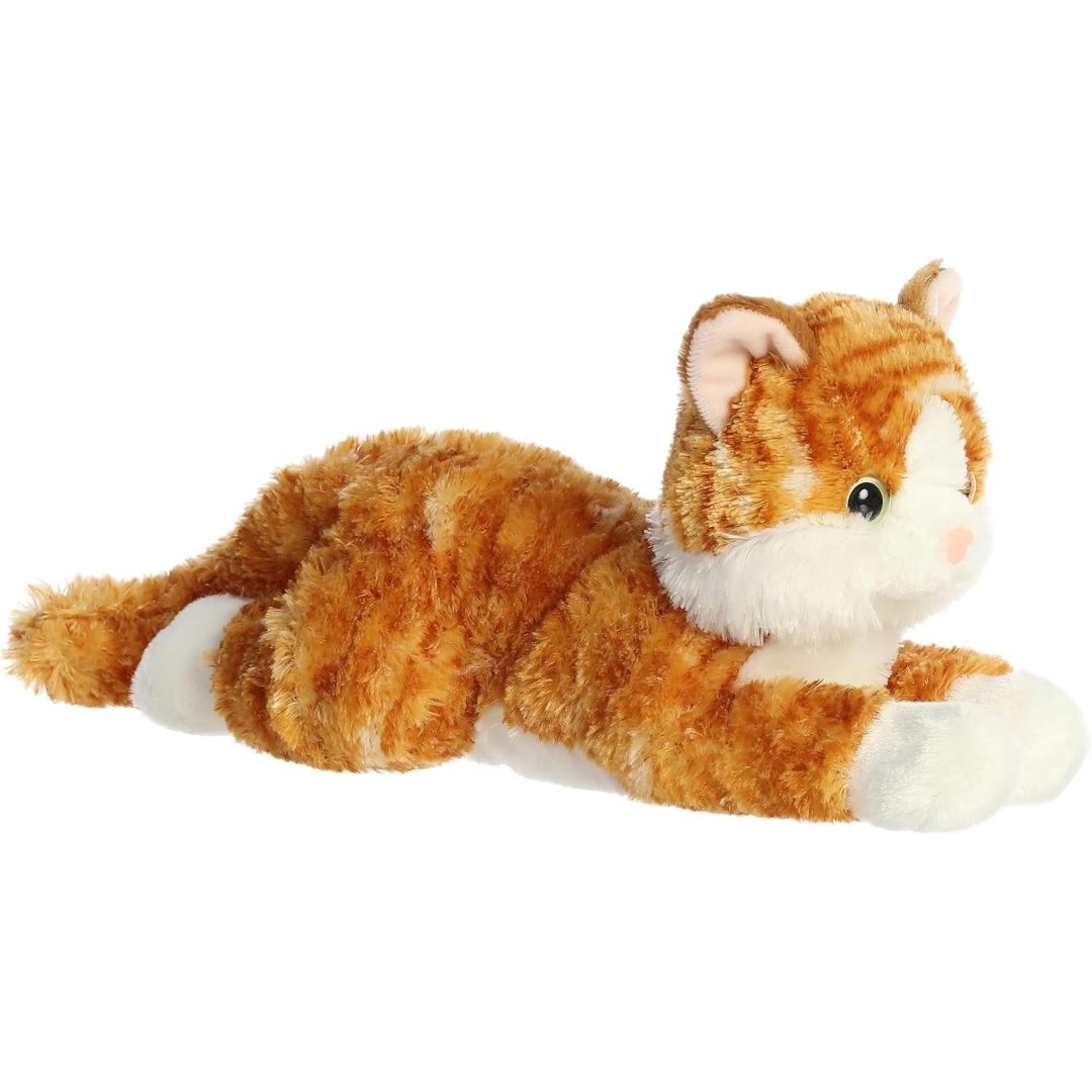 Angled side view of the Aurora Flopsie Chester Orange Tabby Cat 12-inch plush resting on its belly, featuring orange striped fur and fluffy white paws.