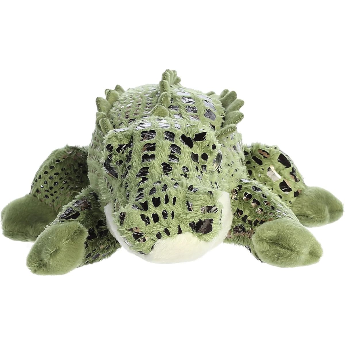 Straight front view of the alligator stuffed animal highlighting its long snout, dark eyes, and sprawling front legs.