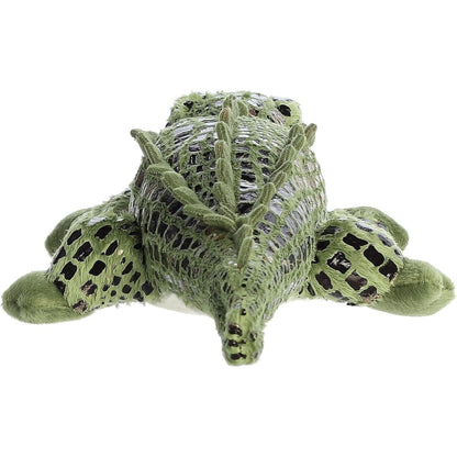 Rear view of the Alli Alligator plush showing its long textured tail, back ridges, and sprawling back legs.