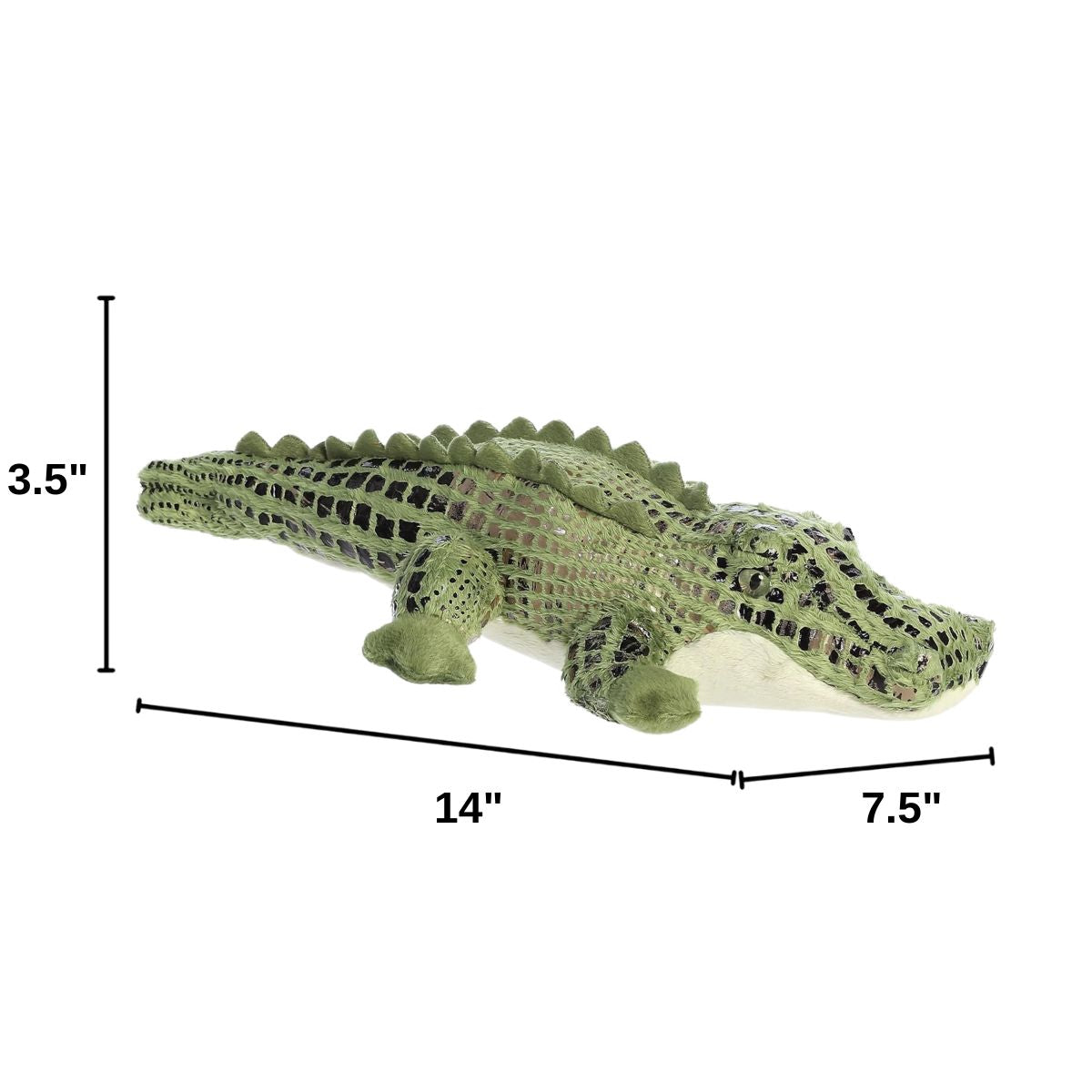 Angled side profile of the Aurora Flopsie alligator plush with dimension lines indicating its 14-inch length.