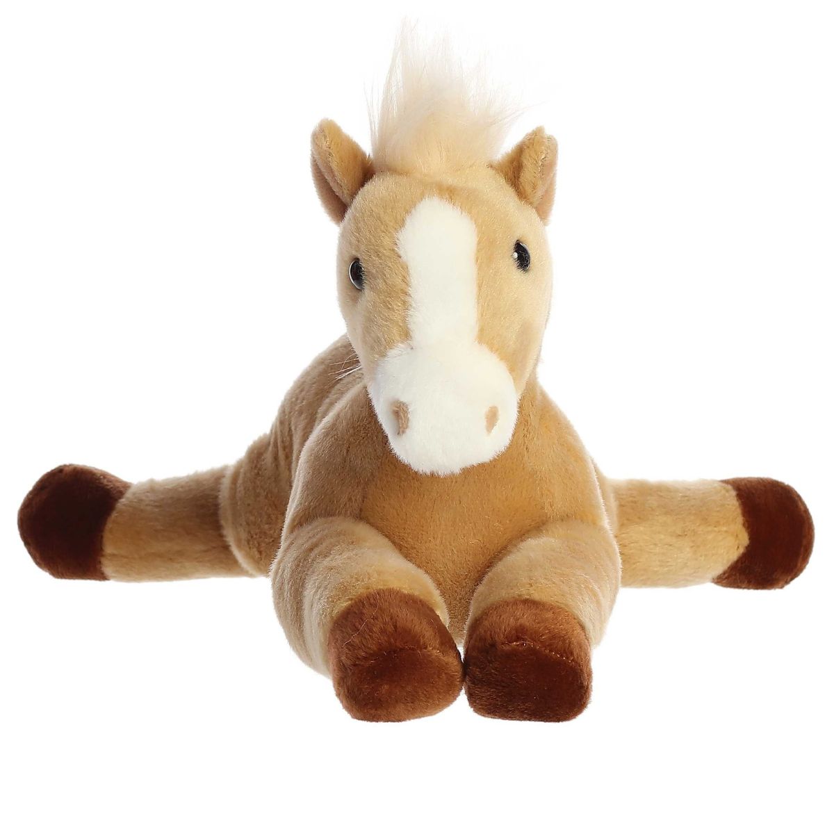 Straight-on front view of the soft horse plush showing its sweet face, white mane, and front legs stretched out.
