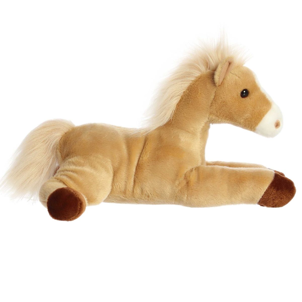 Side profile view of the cuddly Butterscotch Horse stuffed animal resting comfortably on its tummy.