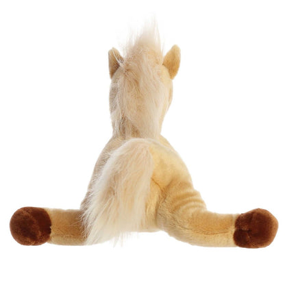 Direct back view of the horse plush highlighting its fluffy white tail and dark brown back hooves.