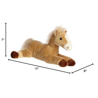 Angled side profile of the Butterscotch Horse plush resting on its tummy with measurement graphics indicating it is 12 inches long, 7 inches tall, and 6 inches wide.