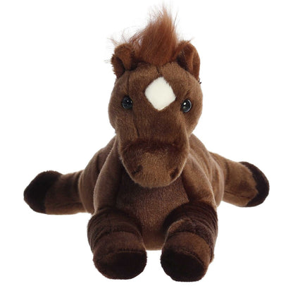 Straight front view of the brown horse stuffed animal highlighting its sweet face, white star forehead marking, and floppy front legs.