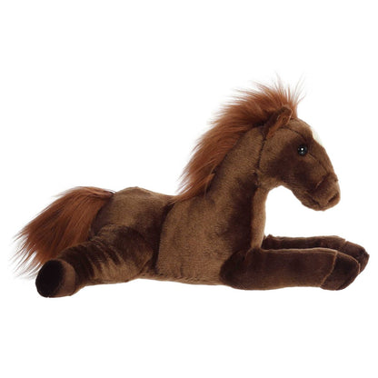 Side profile view of the brown horse plush showing its lounging posture, dark hooves, and flowing mane.