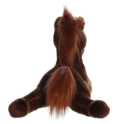Rear view of the Outlaw Horse plush showing its dark brown back, fluffy reddish-brown tail, and sprawling back legs.