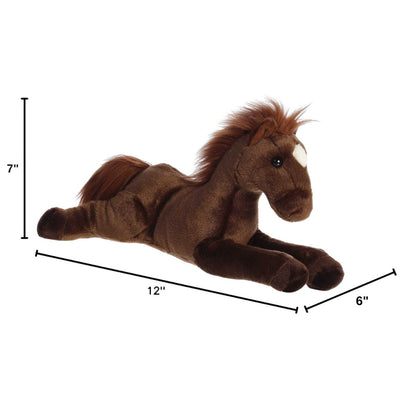 Angled side profile of the Aurora Flopsie horse plush with dimension lines indicating its 12-inch length.