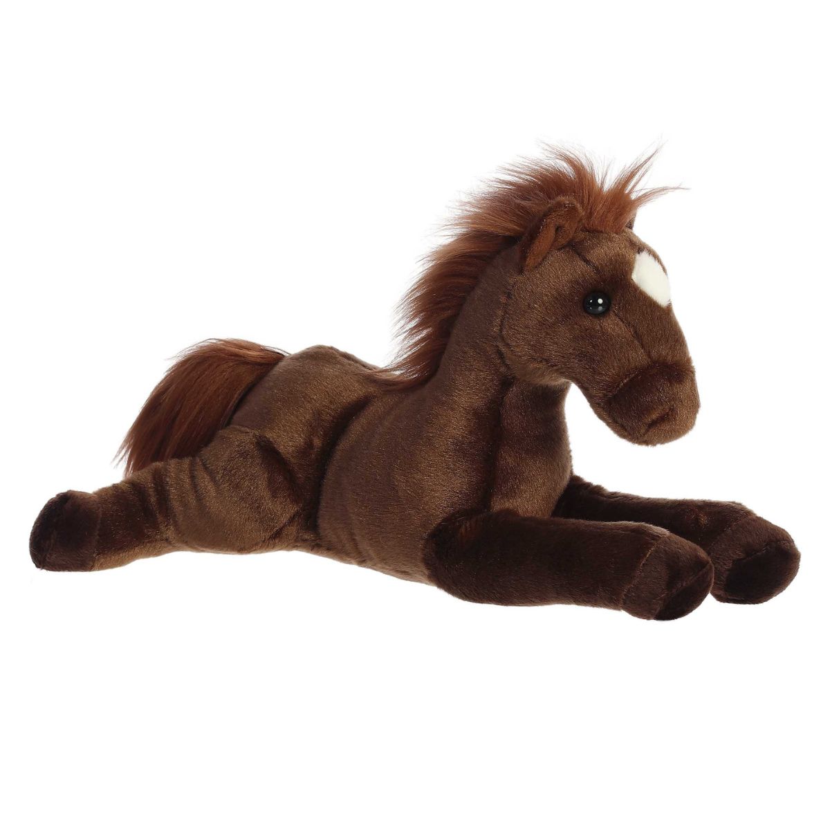 Angled side view of the Aurora Flopsie Outlaw the Brown Horse 12-inch plush resting on its belly, featuring dark brown fur and a fluffy reddish-brown mane.